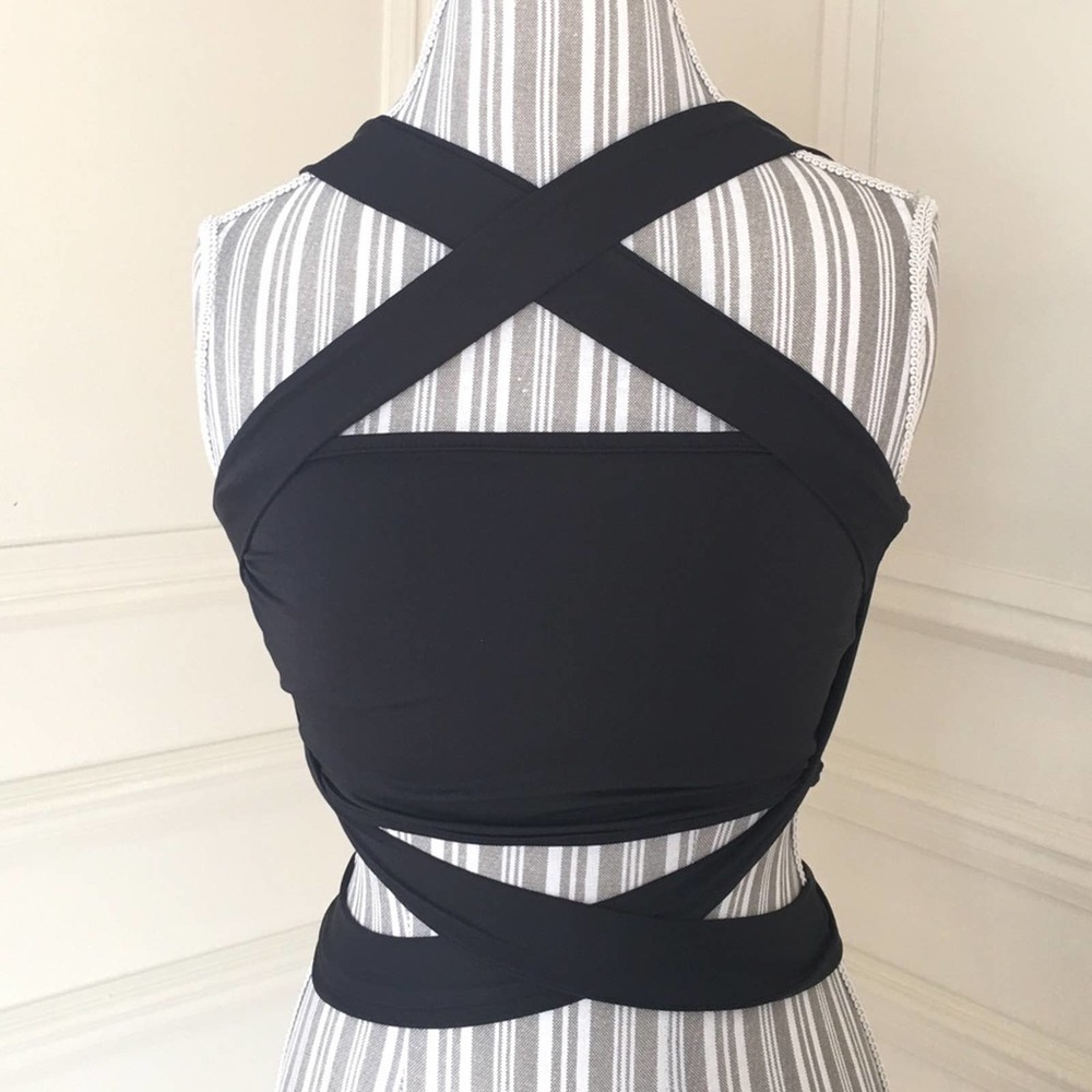 Black Strappy Bandeau Criss Cross Lace Up Crop Top Bra Top